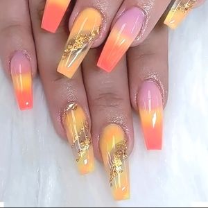 2 for $18 Long Press On Nails Coffin Shape Orange Yellow Pink Colors 2 Sets